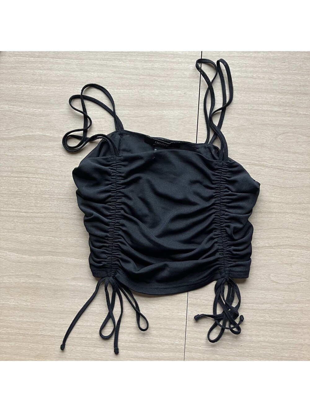 Whimsigoth Witchy Mesh Ruched Bows Crop Cami Top Black Sheer 90s Y2K Vamp Medium